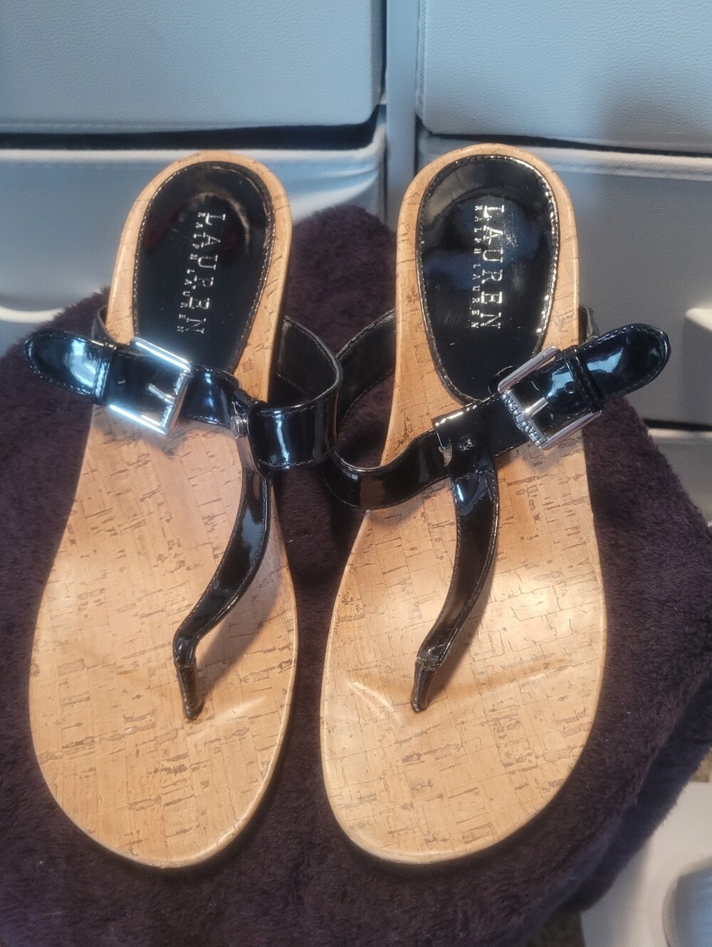 Black Patent Thong Sandals with Cork Footbed